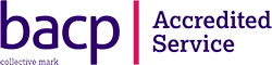A logo with the text 'bacp Accredited Service' in a bold purple font. The word 'bacp' is prominently displayed on the left, with the words 'Accredited Service' to the right, separated by a vertical pink bar.
