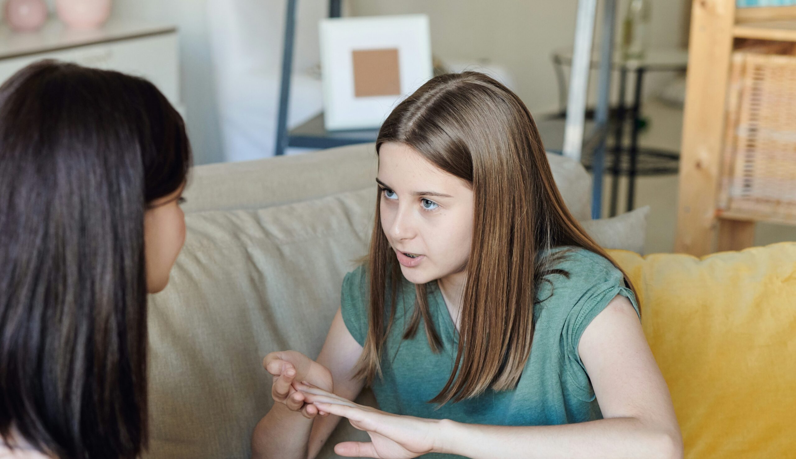 A young girl with light brown hair, wearing a green t-shirt, engaged in a focused conversation with another person whose back is to the camera. She gestures with her hands while sitting on a sofa in a cosy living room.
